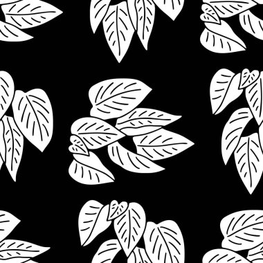 Elle çizilmiş siyah ve beyaz yapraklı kusursuz desen. Botanik monokrom duvar kağıdı