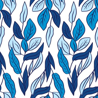 Beyaz zemin üzerinde mavi tropikal yapraklar olan kusursuz bir desen. Çizgi sanatı botanik duvar kağıdı