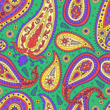 Yeşil arka planda renkli Paisley motifleri olan kusursuz desen. Geleneksel Hint yineleme tasarımı.