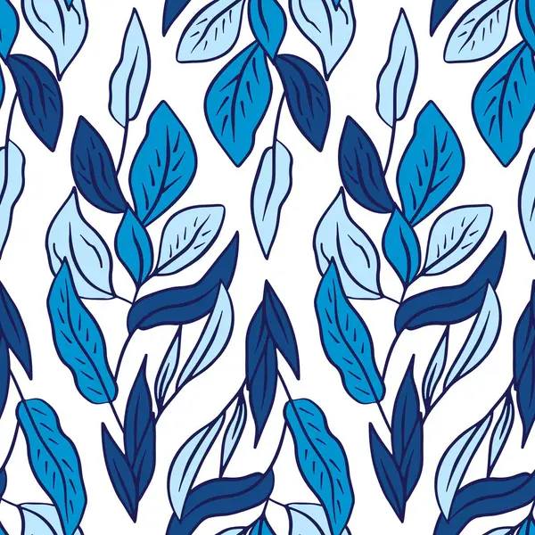 Beyaz zemin üzerinde mavi tropikal yapraklar olan kusursuz bir desen. Çizgi sanatı botanik duvar kağıdı