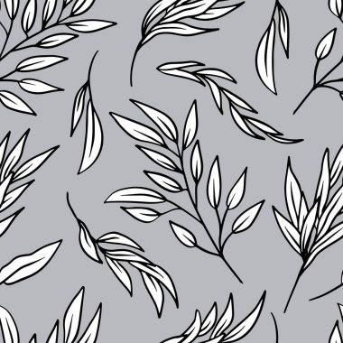 Gri arka planda tropikal yaprakları olan tek renkli dikişsiz desen. Çizgi sanatı botanik duvar kağıdı