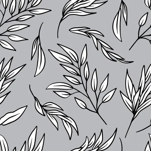 Gri arka planda tropikal yaprakları olan tek renkli dikişsiz desen. Çizgi sanatı botanik duvar kağıdı