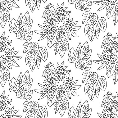 Siyah beyaz elli, kusursuz desenli şirin kuş ve çiçek motifleri çizilmiş. Retro monokrom tarzı çiçekli duvar kağıdı