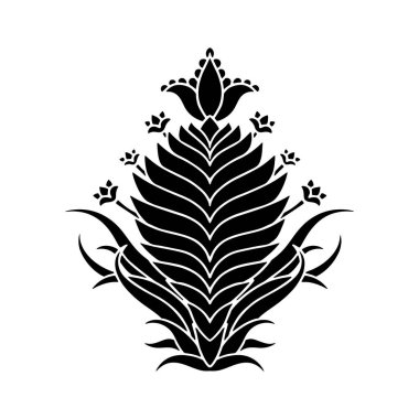 El çizimi siyah Damask motifi beyaz arka planda izole edilmiş. Soyut simetrik botanik dekor.