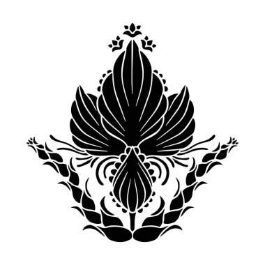 El çizimi siyah Damask motifi beyaz arka planda izole edilmiş. Soyut simetrik botanik dekor.