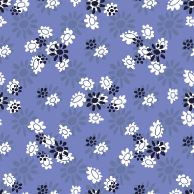 Soyut retro çiçekli kusursuz desen mavi arka planda çiçek açar. Vintage ditsy çiçekli dijital kağıt