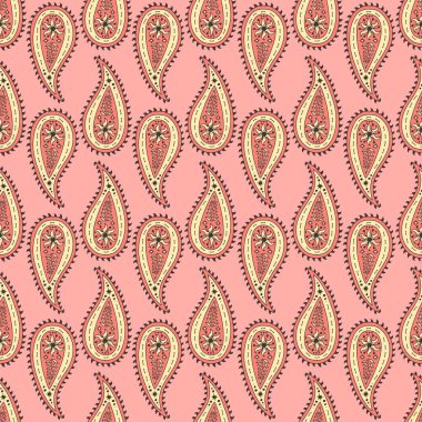 Pembe arka planda sarı Paisley motifleri olan renksiz desenler. Geleneksel Hint yineleme tasarımı.