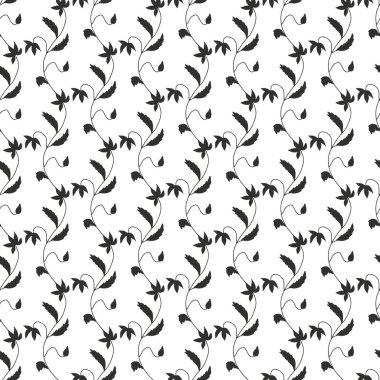 Beyaz arka planda siyah, kır çiçeklerinin silueti olan tek renkli, pürüzsüz desen. Eski püskü çiçekli tekrar deseni.