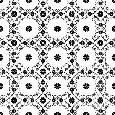 Siyah girdaplı pürüzsüz desen ve beyaz arka planda küçük çiçekler. Tek renkli geometrik desen.