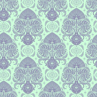 Yeşil arka planda pürüzsüz mor Damask deseni. Çiçek soyut tekrarlanan tek renkli arkaplan.