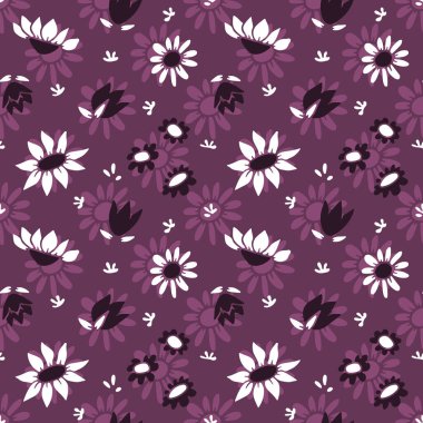 Soyut retro yabani çiçekli kusursuz desen mor arka planda çiçek açar. Vintage ditsy çiçekli dijital kağıt