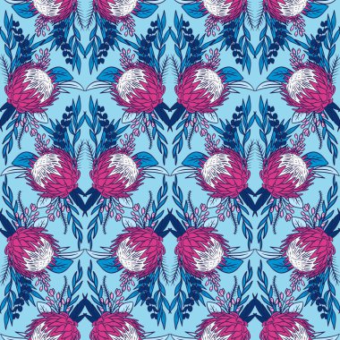 Mavi arka planda protea çiçekleri olan kusursuz desen. Tropik çiçek duvar kâğıdı.