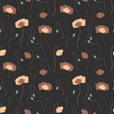 Soyut gelincik çiçekleri ve siyah arkaplanda kahverengi siluetleri olan kusursuz bir desen.