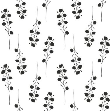 Beyaz arka planda siyah, kır çiçeklerinin silueti olan tek renkli, pürüzsüz desen. Eski püskü çiçekli tekrar deseni.