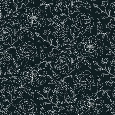 Tek renkli Çin porselenli el çizimi motifli kusursuz desen. Siyah-beyaz Çin tarzı süslemeli çiçek duvar kağıdı..