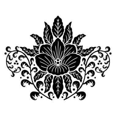 El çizimi siyah Damask motifi beyaz arka planda izole edilmiş. Soyut simetrik botanik dekor.