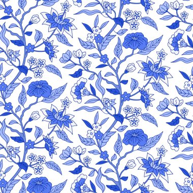 Tek renkli mavi çinli el çizimi motifli kusursuz desen. Çiçek duvar kağıdı ve orintal folklor tarzı süs..