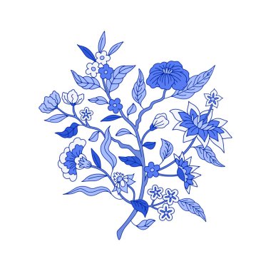 Tek renkli mavi porselen el çizimi motifi. Çiçek desenli orintal halk süsü.