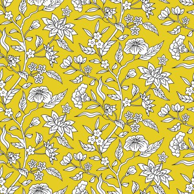 Sarı arka fonda siyah-beyaz tek renkli Çin el çizimi motifli kusursuz desen. Çiçek duvar kağıdı ve orintal folklor tarzı süs..