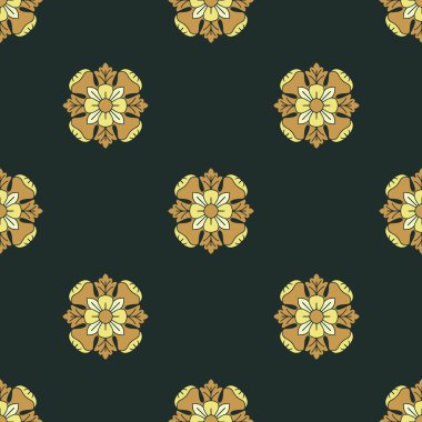 Koyu yeşil arka planda, el çizimi sarı, klasik çiçek motifleri olan kusursuz desen.