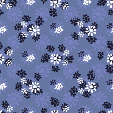 Soyut retro çiçekli kusursuz desen mavi arka planda çiçek açar. Vintage ditsy çiçekli dijital kağıt