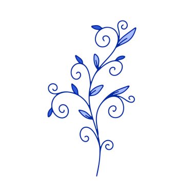 Beyaz arka planda tek renkli mavi çiçekli yaprak izole edilmiş. Soyut el çizimi botanik klipsi sanat öğesi.