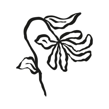 Mürekkep fırçası, soyut çiçek çizimi beyaza izole edilmiş. Karalama çiçeğinin siyah silueti