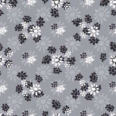 Gri arka planda soyut retro yaban çiçekleri açan tek renkli, pürüzsüz desen. Vintage ditsy çiçekli dijital kağıt