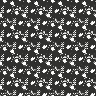 Beyaz arka planda siyah, kır çiçeklerinin silueti olan tek renkli, kusursuz desen. Eski püskü çiçekli tekrar deseni.