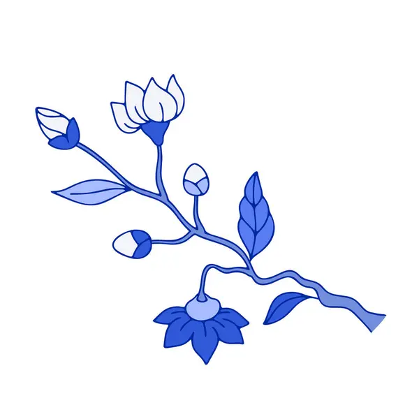 Monochrom Albastru Floral Chinoiserie Stil Floare Izolată Fundal Alb Element — Vector de stoc
