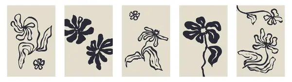 Набір Абстрактних Мінімалістичних Карт Цвітінням Чорнила Монохромні Квіткові Плакати Чорними — стоковий вектор