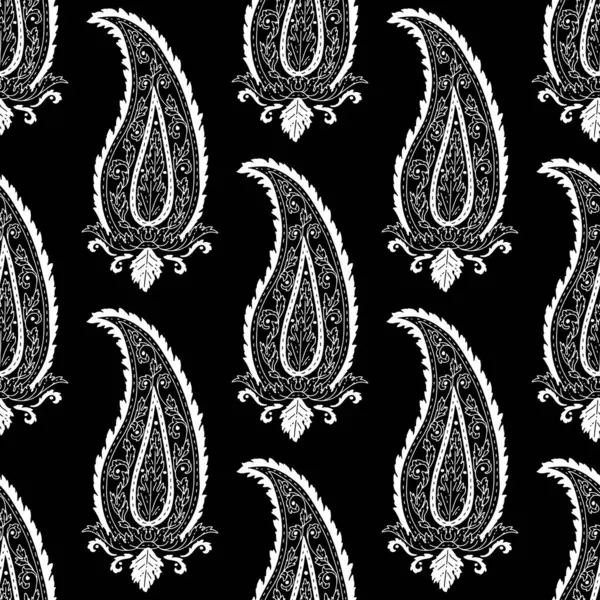 Монохромний Безшовний Візерунок Мотивами Пейслі Чорному Тлі Традиційний Індійський Дизайн — стоковий вектор