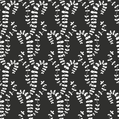 Beyaz arka planda siyah, kır çiçeklerinin silueti olan tek renkli, kusursuz desen. Eski püskü çiçekli tekrar deseni.