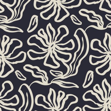 Tek renkli siyah beyaz fırça darbeleri mürekkepsiz çiçek desenleri. Soyut çiçek çağdaş arkaplanı.