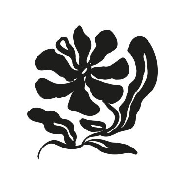 Mürekkep fırçası, soyut çiçek çizimi beyaza izole edilmiş. Karalama çiçeğinin siyah silueti