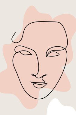 Üzerinde kadın yüzü ve soyut şekiller olan bir kart ya da poster. Tek renkli minimalist portre. Kadın kafasının modern moda çizimi