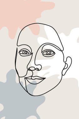 Üzerinde kadın yüzü ve soyut şekiller olan bir kart ya da poster. Tek renkli minimalist portre. Kadın kafasının modern moda çizimi