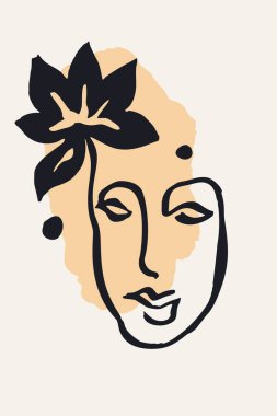 Dikey poster ya da kart üzerinde tek çizgi çizilmiş kadın yüzü ve çiçek silueti koyu arkaplan ve soyut şekil. Tek renkli minimalist portre duvar sanatı. Modern çiçek desenli taslak