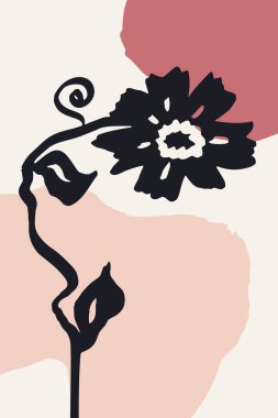 Mürekkep fırçası, soyut çiçek çizimi ve çirkin organik şekilli poster ya da kart. Minimalist karalama çiçek elementi ve geometrik tasarımın siyah silueti