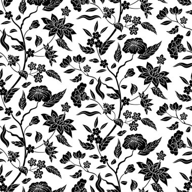 Tek renkli siyah-beyaz çini el çizimi motifli kusursuz desen. Çiçek duvar kağıdı ve orintal folklor tarzı süs..