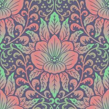 Seamless pink and green Damask pattern on a gray background. Floral abstract repeat background.