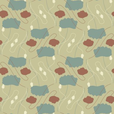 Soyut haşhaş çiçekleri silueti bej arkaplanda kusursuz desen