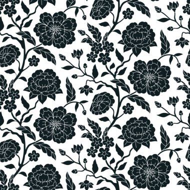 Tek renkli Çin porselenli el çizimi motifli kusursuz desen. Siyah-beyaz Çin tarzı süslemeli çiçek duvar kağıdı..