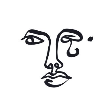 Soyut kadın yüzünün beyaza izole edilmiş tek bir çizgi çizimi. Tek renkli minimalist portre. Kadın kafasının modern moda çizimi