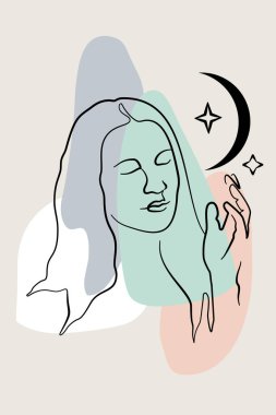 Üzerinde kadın yüzü ve soyut şekiller olan bir kart ya da poster. Tek renkli göksel minimalist portre. Kadın figürü ve ayın modern moda çizimi