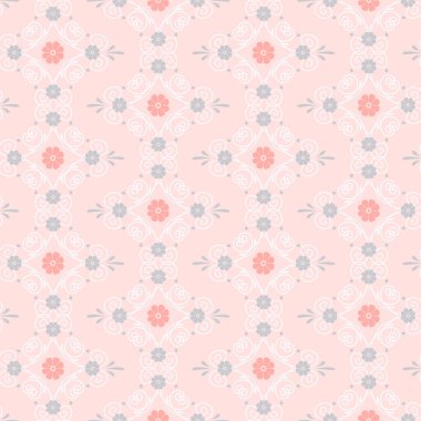 Beyaz girdaplı kusursuz desen ve pastel pembe arka planda küçük çiçekler. Soyut geometrik desen.