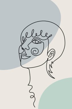 Üzerinde kadın yüzü ve soyut şekiller olan bir kart ya da poster. Tek renkli minimalist portre. Kadın kafasının modern moda çizimi