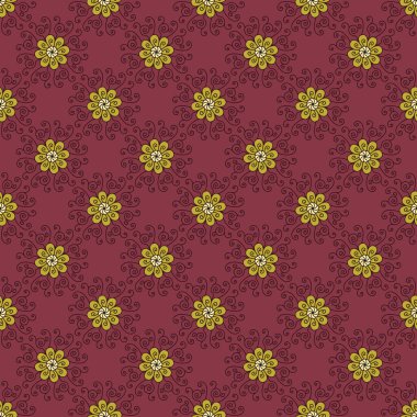 Elle çizilmiş kusursuz desenli kırmızı arka planda klasik çiçek motifleri.