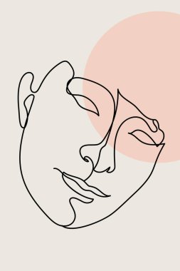 Üzerinde kadın yüzü ve soyut şekiller olan bir kart ya da poster. Tek renkli minimalist portre. Kadın kafasının modern moda çizimi