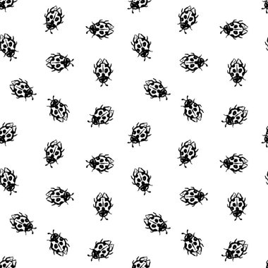 Tek renkli siyah beyaz fırça darbeleri mürekkepli dişi böceğin dikişsiz deseni. Doodle böcekleri arkaplanı.